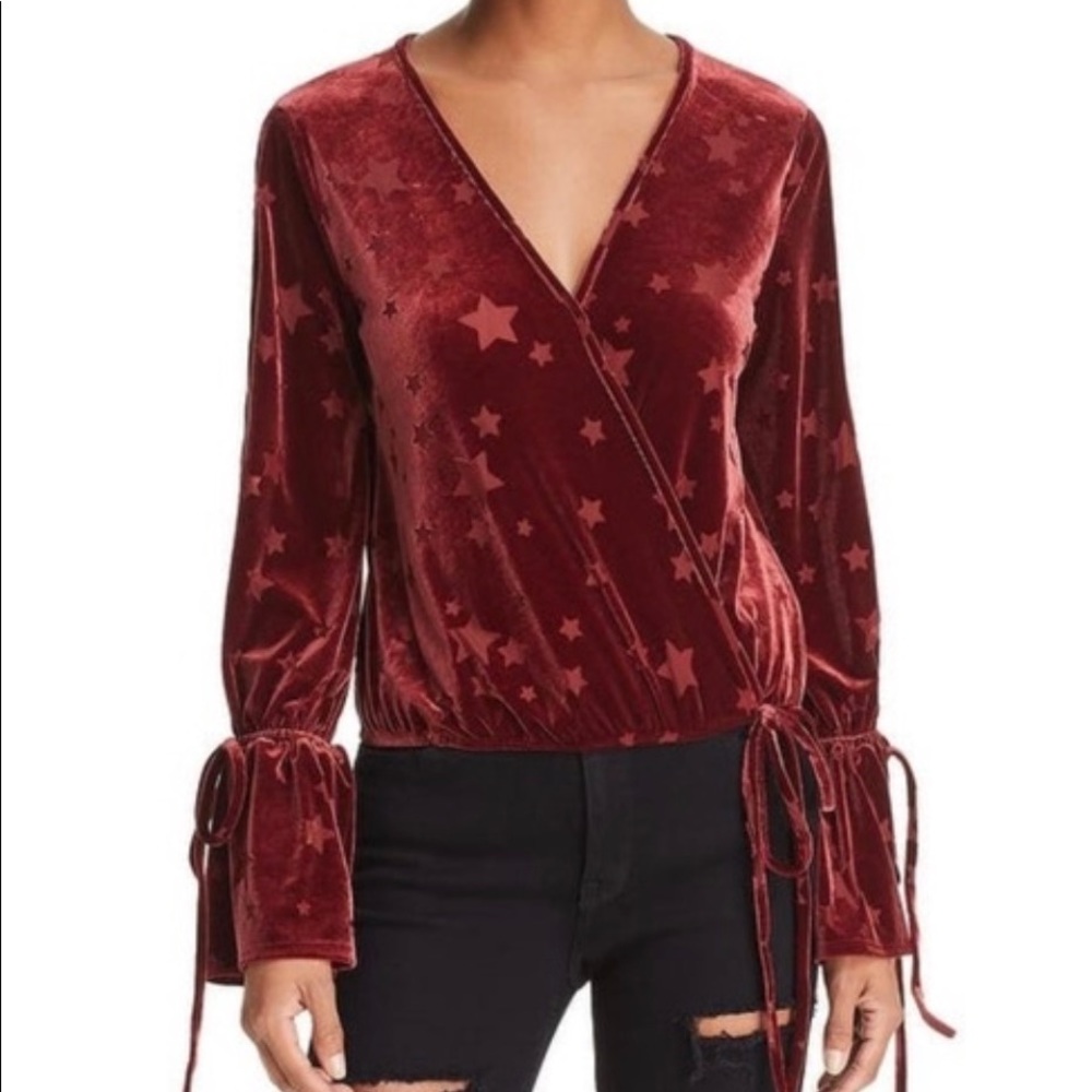 Vintage Havana Red Velvet Wrap Star Pattern Long Sleeve Top
